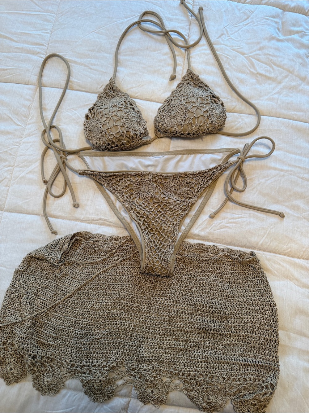 Crochet Bikini Set with Matching Cover-Up - Taupe